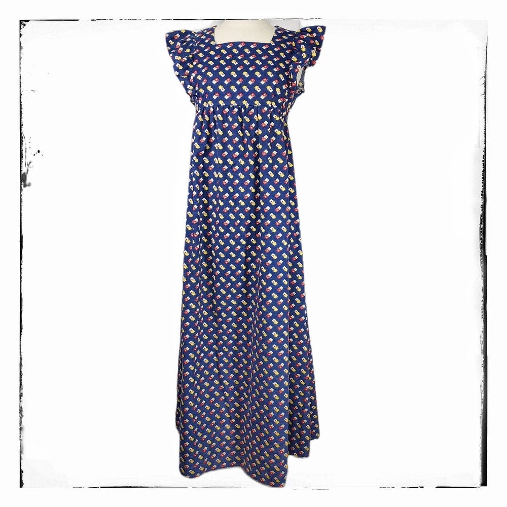 Vintage 70s Floral Apron Maxi Ruffle Sleeve Dress Modern size 4